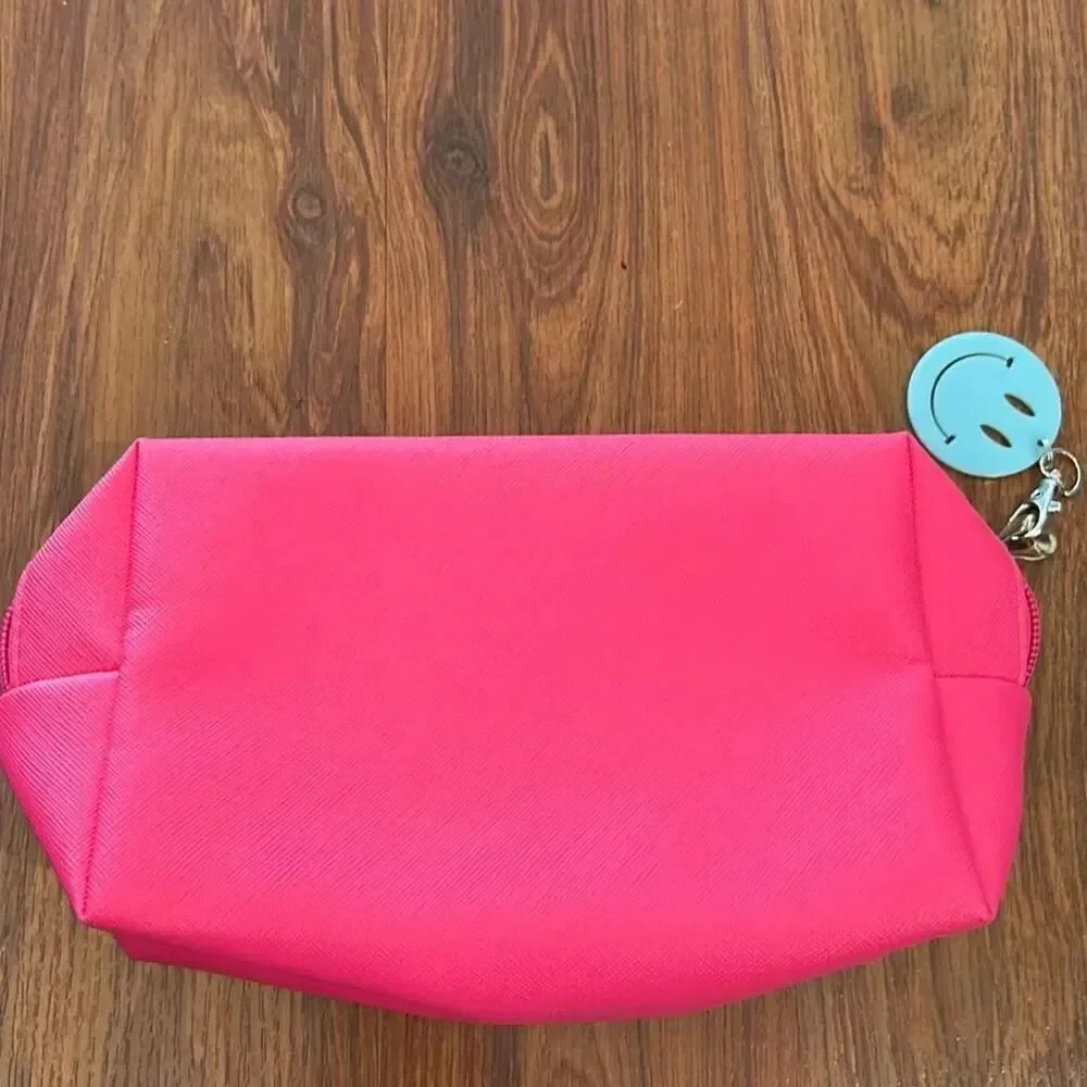 Adorable pink patch smiley face heart tufted pouch make up bag cosmetic case